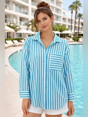 Casa Cabana NWOT Women’s Blue Stripe Button-Front Shirt Women- L